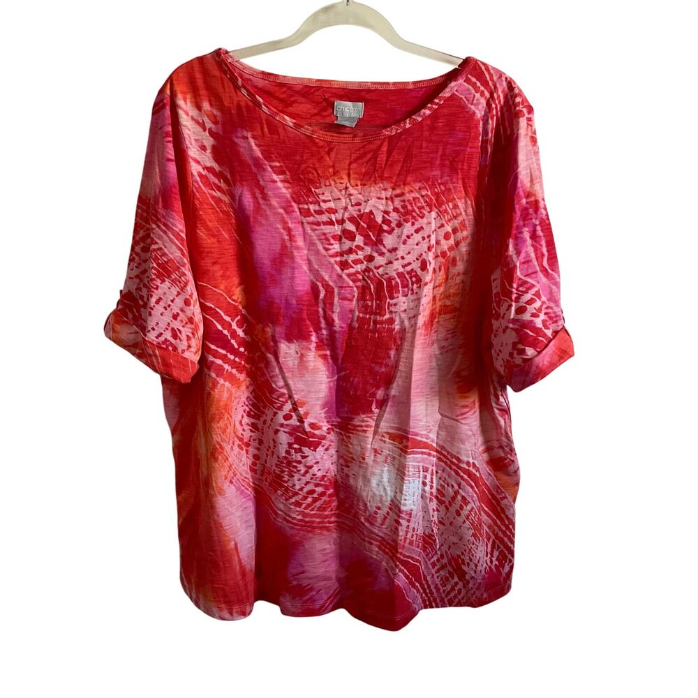 Chico’s Red and Pink Tie Dye Short Sleeve Tee - Size XL